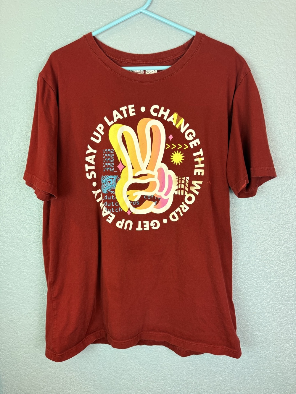 Dutch Bros Coffee Shirt Mens XL Red Peace Sign Change The World Graphic Tee
